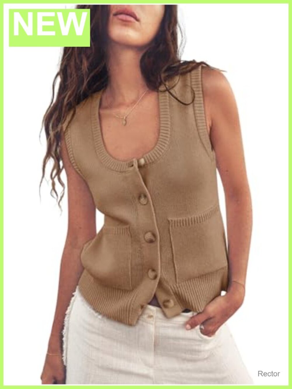 Womens Ribbed Knit Sweater Vest Sleeveless Button Down Tank Top with Pockets